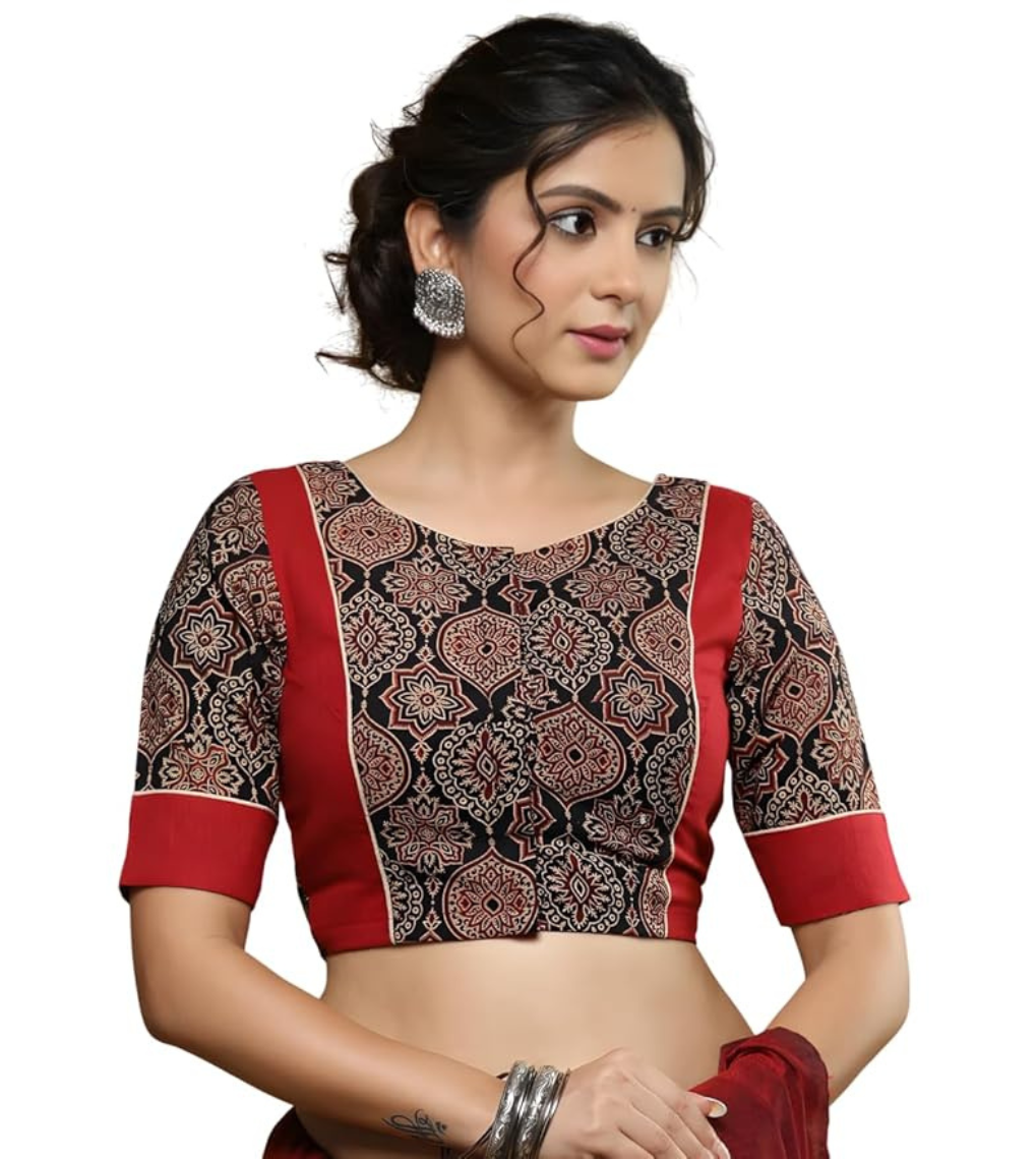 House of Santiniketan | Designer Ajrakh Print Cotton Saree Blouse, Maroon and Black, Half-Elbow Sleeve