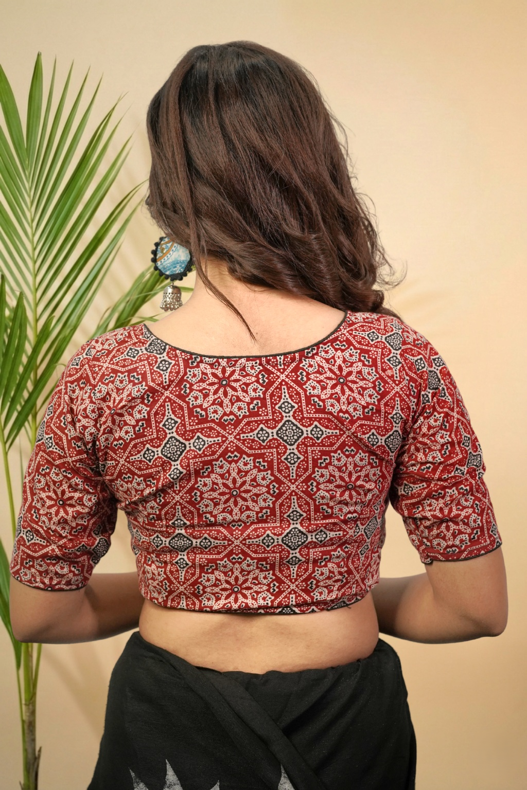Handmade Cotton Maroon Traditional Print Saree Blouse for Women | Round Neck Lightweight Design