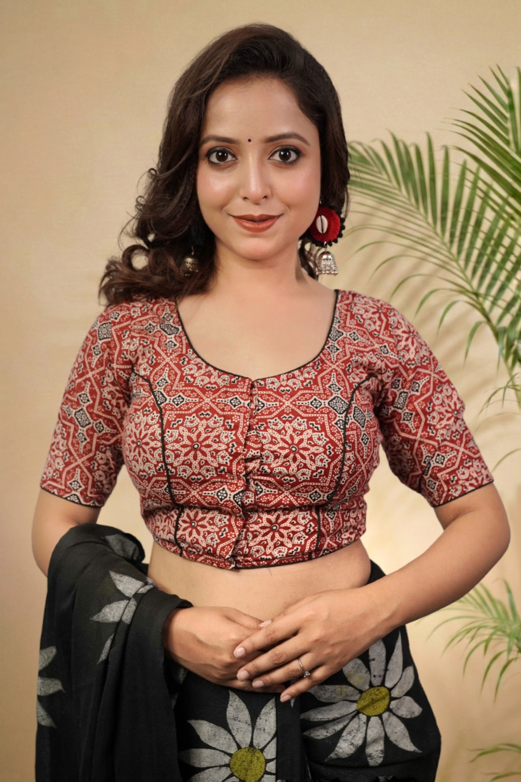 Handmade Cotton Maroon Traditional Print Saree Blouse for Women | Round Neck Lightweight Design