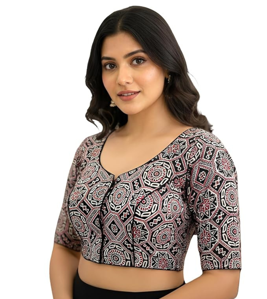 100% Cotton Women's Kalamkari Cotton Blouse, Round Neck, Lightweight, Handcrafted – Ideal for Sarees