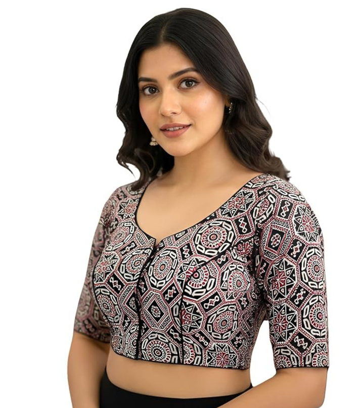 100% Cotton Women's Kalamkari Cotton Blouse, Round Neck, Lightweight, Handcrafted – Ideal for Sarees