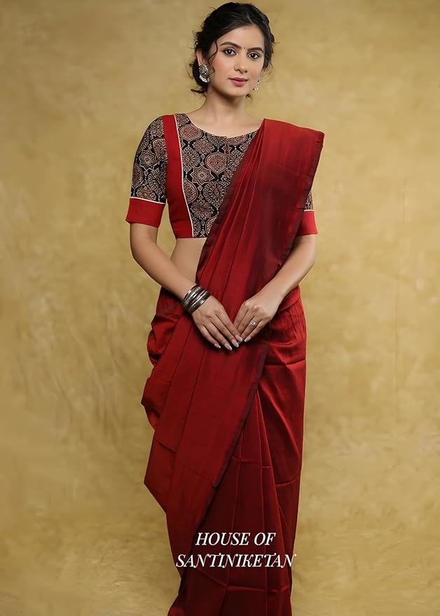 House of Santiniketan | Designer Ajrakh Print Cotton Saree Blouse, Maroon and Black, Half-Elbow Sleeve