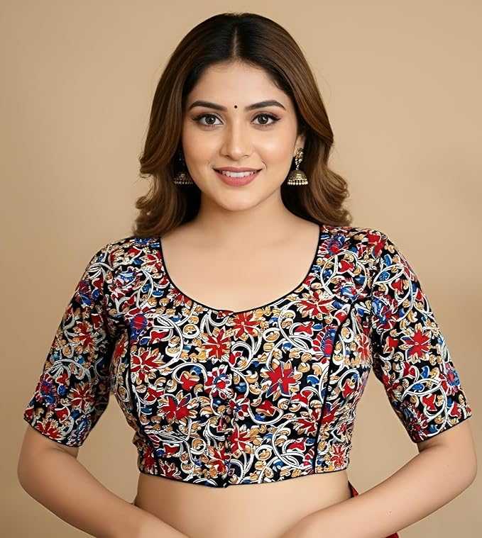 Pure Cotton Kalamkari Print Blouse for Women, Round Neck, Comfortable & Lightweight Design