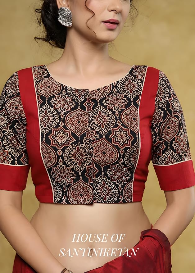 House of Santiniketan | Designer Ajrakh Print Cotton Saree Blouse, Maroon and Black, Half-Elbow Sleeve