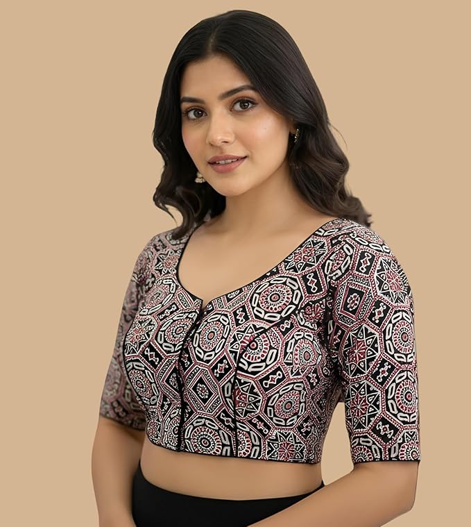 100% Cotton Women's Blouse, Round Neck, Lightweight, Handcrafted – Ideal for Sarees