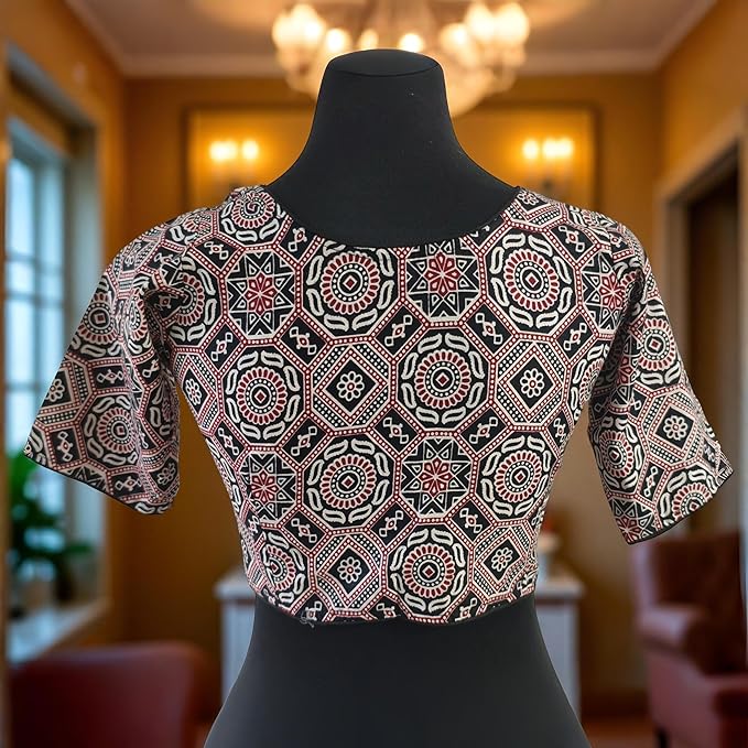 100% Cotton Women's Kalamkari Cotton Blouse, Round Neck, Lightweight, Handcrafted – Ideal for Sarees