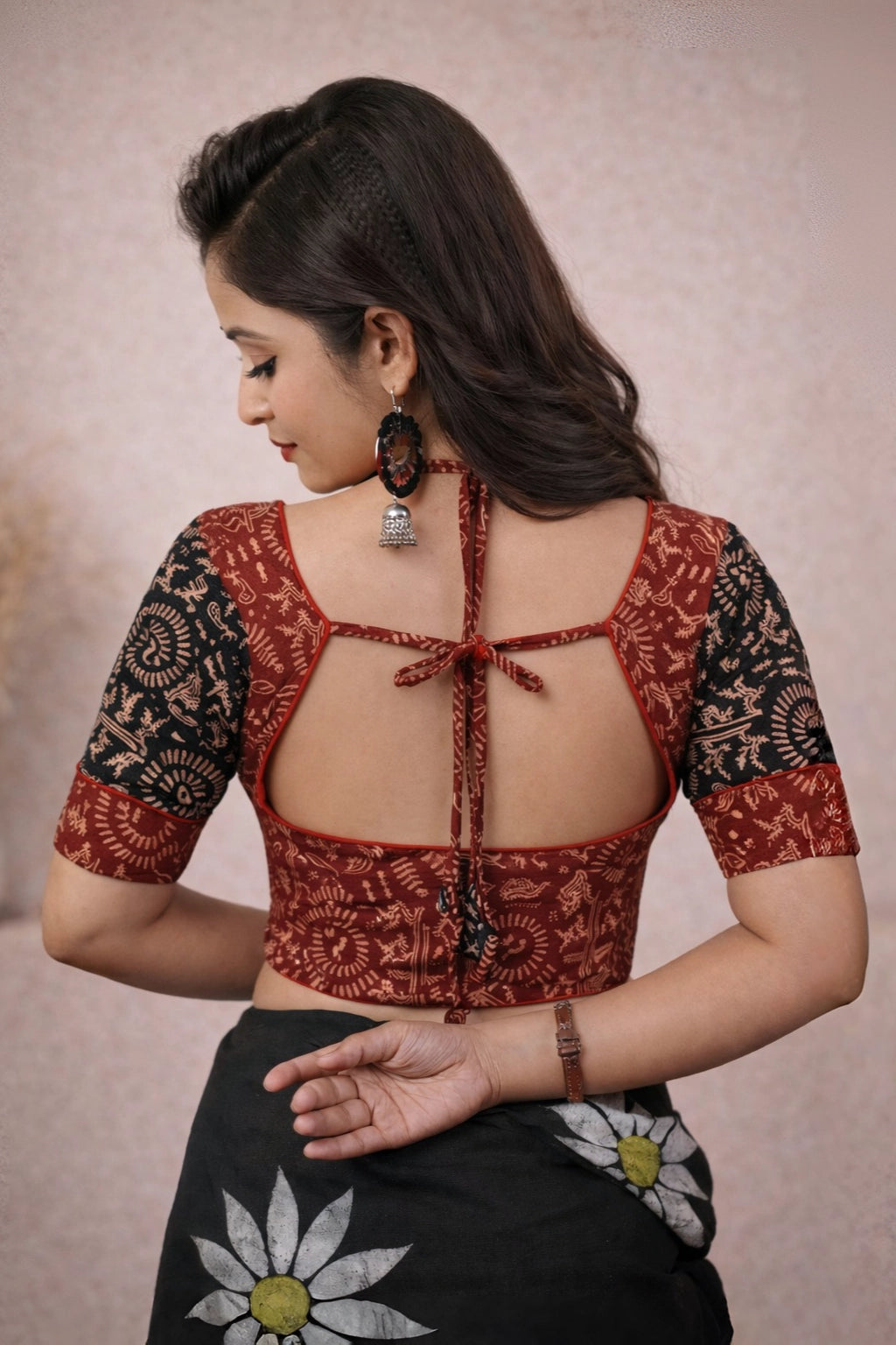 House of Santiniketan Women's Pure Ajrakh Cotton Maroon Padded Blouse | Hand-Block Print Halter-Style Overlay with Open Back Tie-Up | Premium Ethnic Readymade Saree Blouse