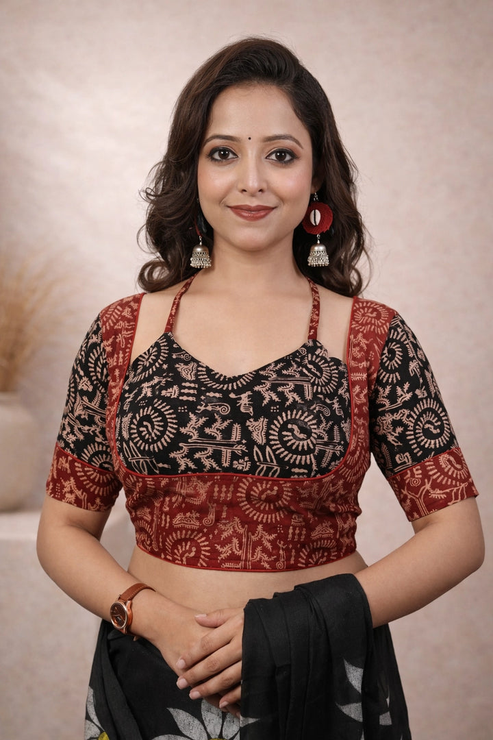 House of Santiniketan Women's Pure Ajrakh Cotton Maroon Padded Blouse | Hand-Block Print Halter-Style Overlay with Open Back Tie-Up | Premium Ethnic Readymade Saree Blouse