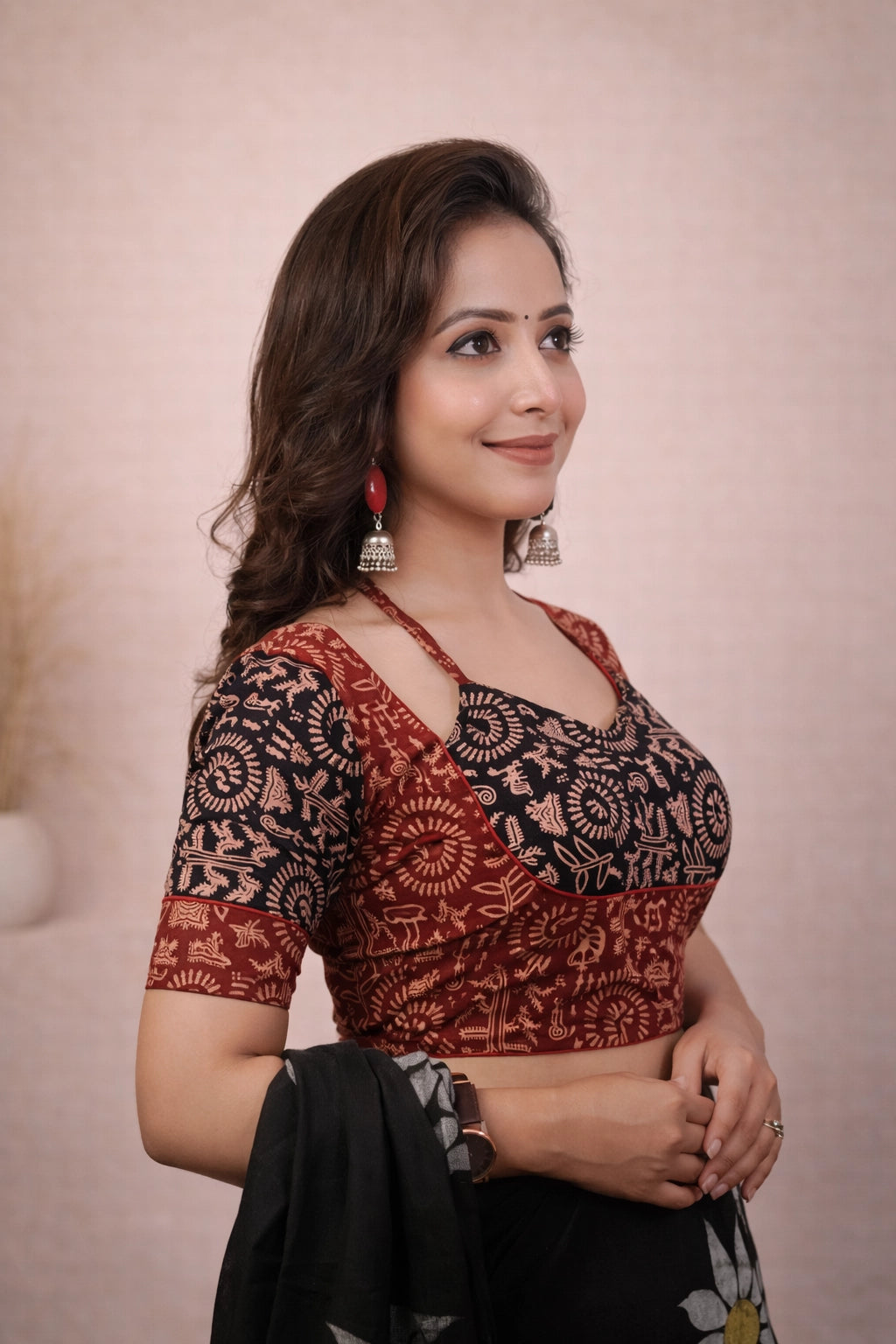 House of Santiniketan Women's Pure Ajrakh Cotton Maroon Padded Blouse | Hand-Block Print Halter-Style Overlay with Open Back Tie-Up | Premium Ethnic Readymade Saree Blouse