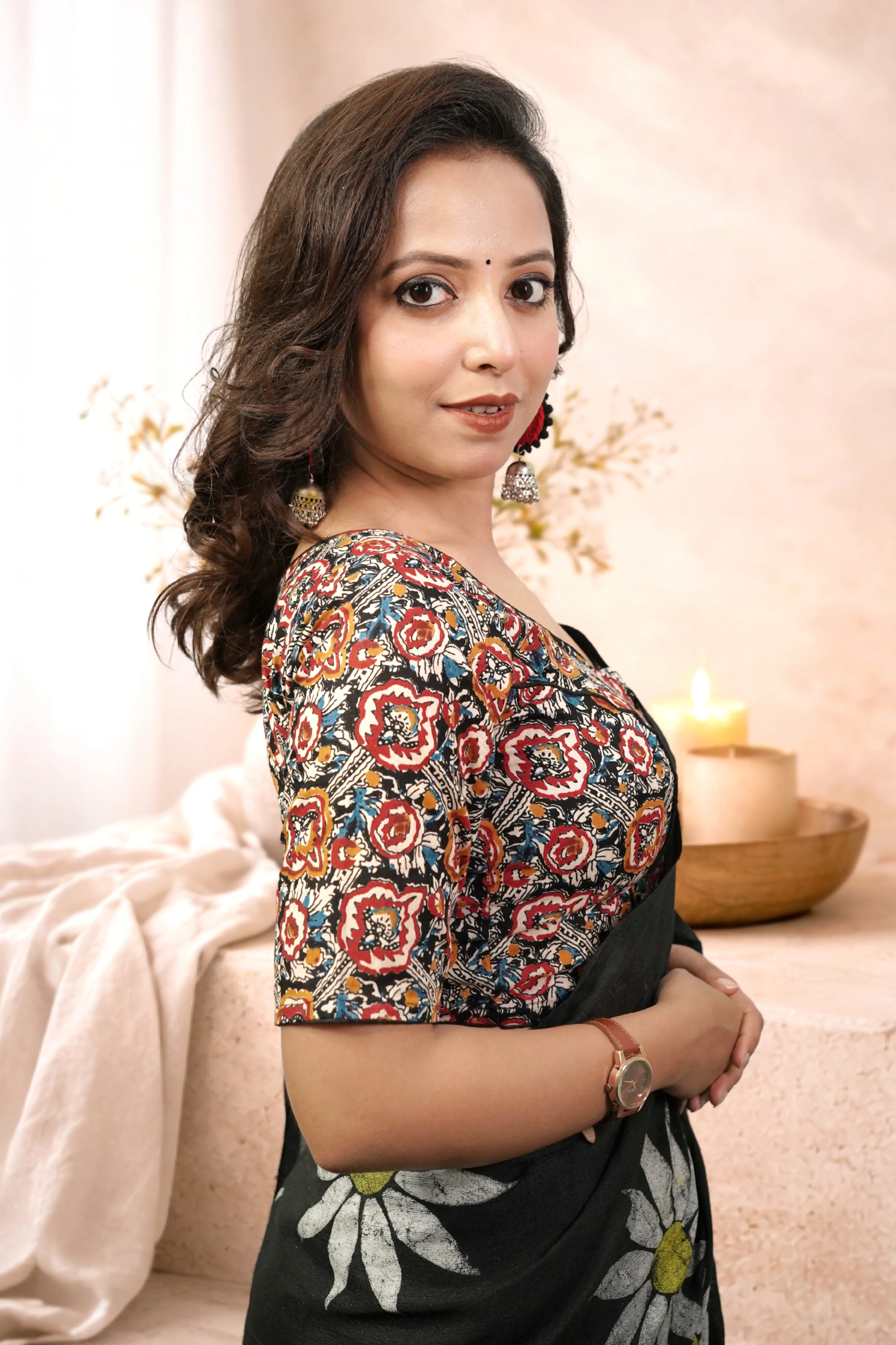 Handmade Kalamkari Cotton Saree Blouse for Women | Round Neck Lightweight Design