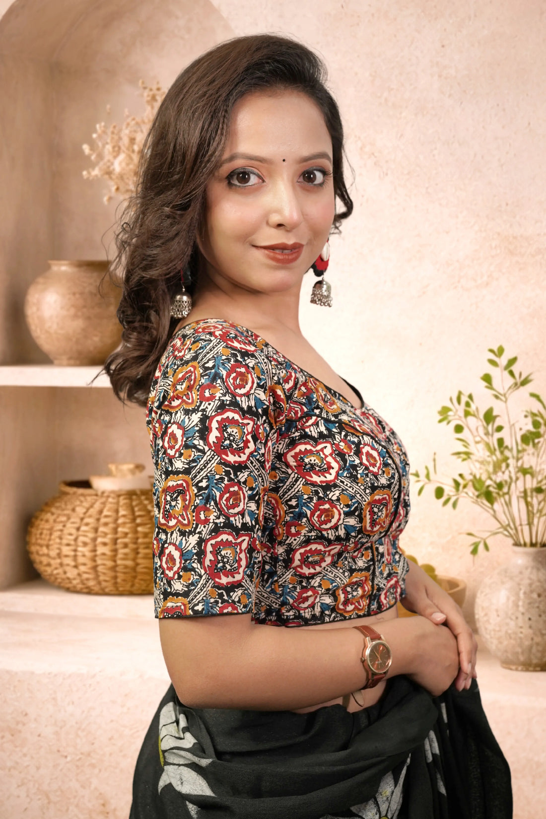 Handmade Kalamkari Cotton Saree Blouse for Women | Round Neck Lightweight Design