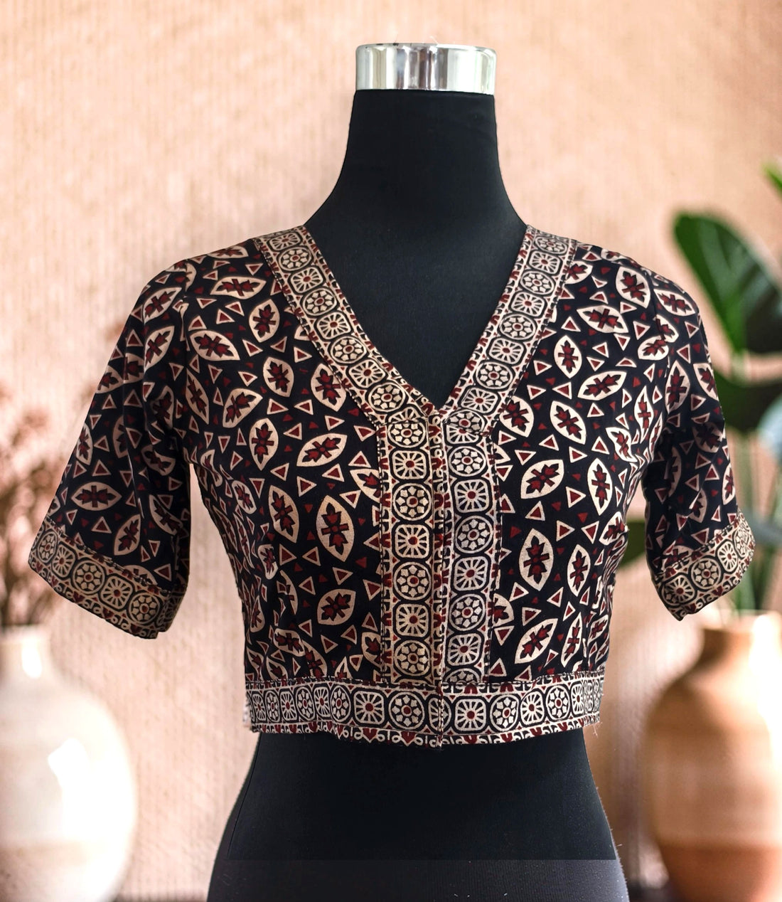 Ajrak Cotton Handcrafted Blouse for Women | Santiniketan Inspired Ethnic Blouse | Black & Red Printed Designer Blouse